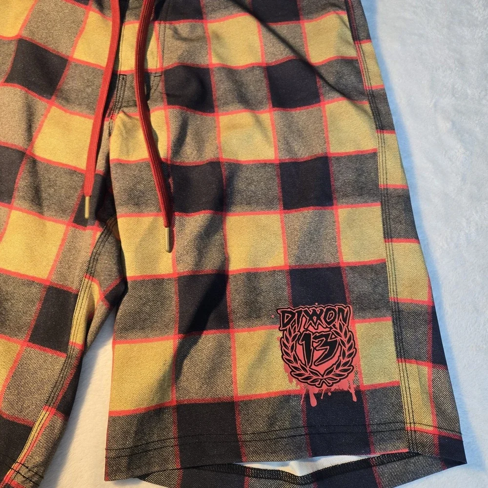 Dixxon Flannel Company BoardSwim Trunks Yellow red black plaid 
